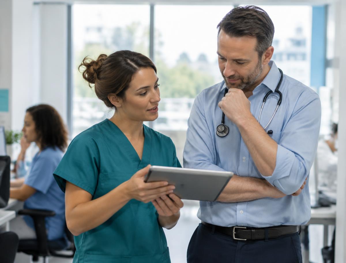 Healthcare colleagues discussing their work